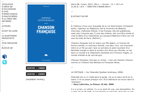 Présentation du livre Chanson Française, de Sophie Létourneau, sur le site Le Quartanier. 